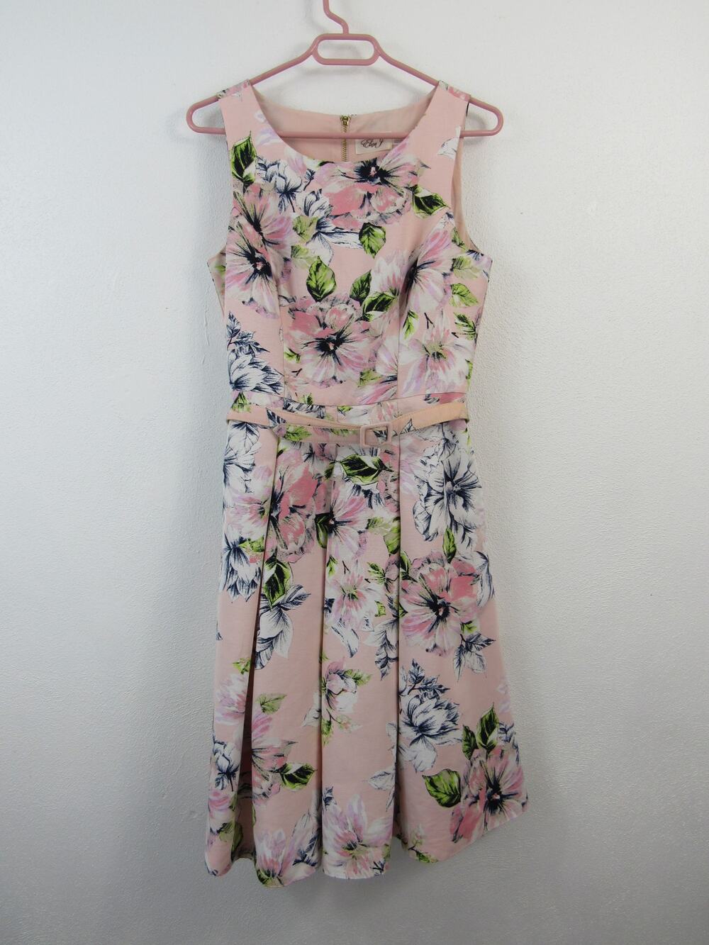 Eliza J SIze 6 Floral Faille Fit & Flare Dress In Blush Pink Belted Pockets